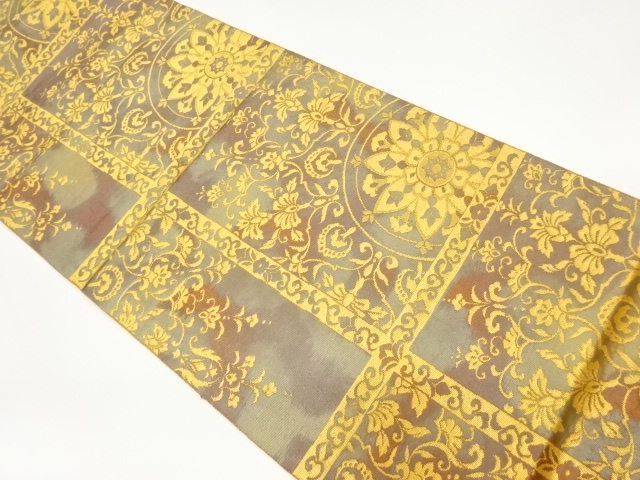 格子に華紋花唐草紋様織り出し袋帯